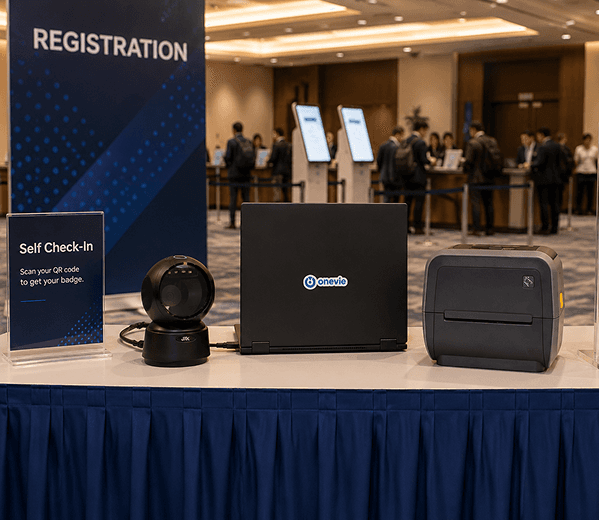Flexible check-in counter setup with laptop and printer